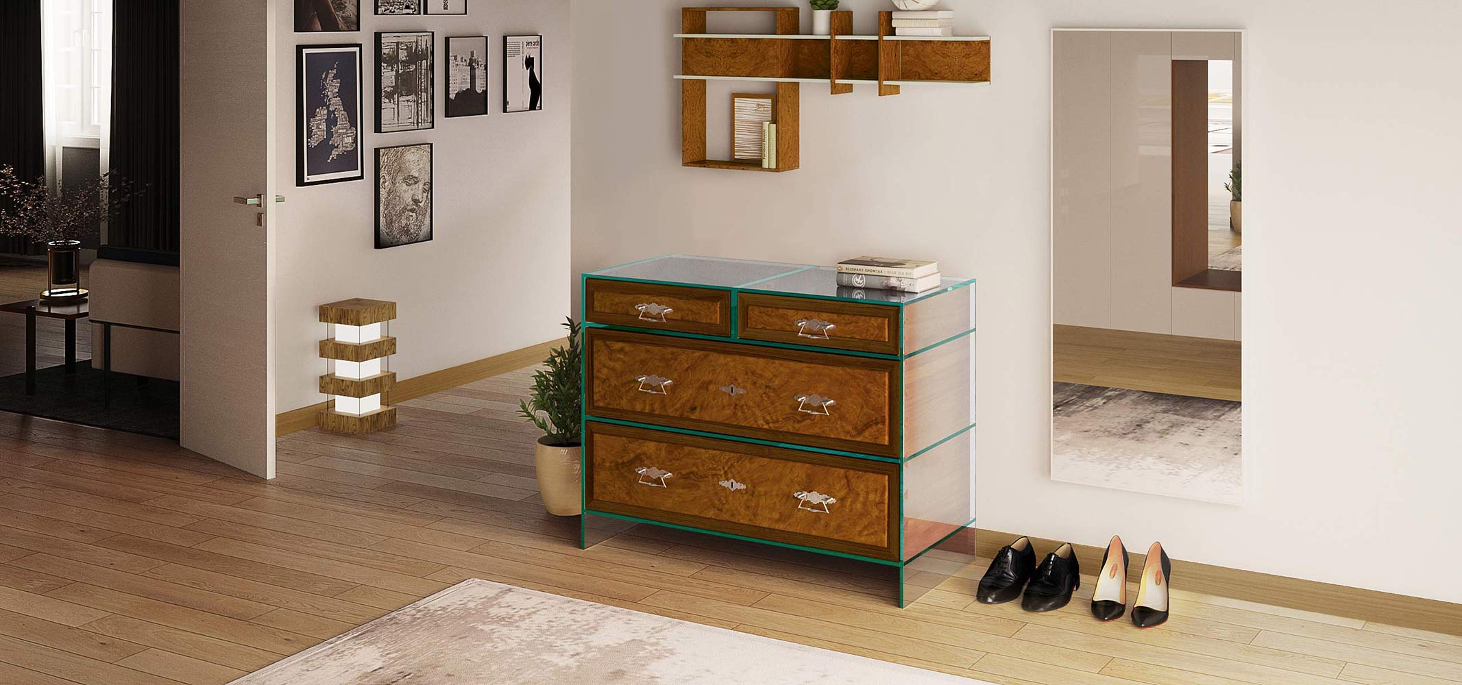 ALTRI MODI Design Kommode in Glas mit antiken Schubladen